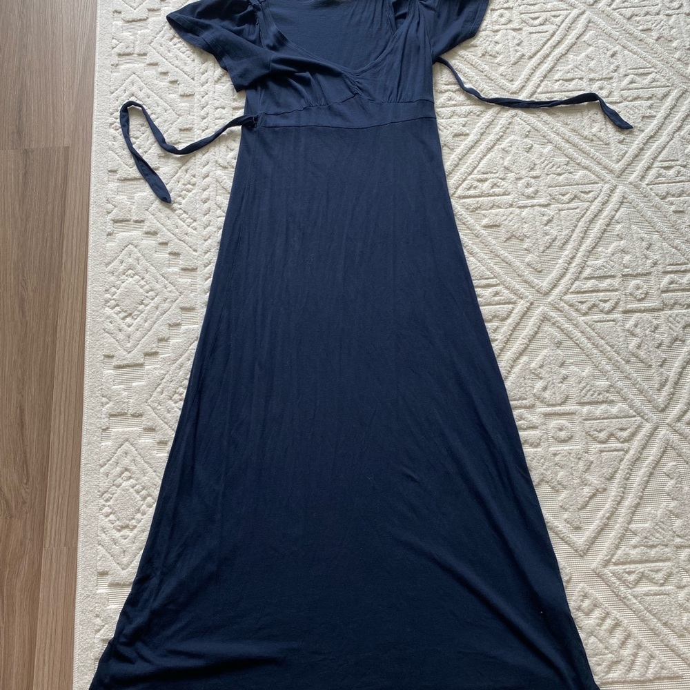 Navy Blue Short Sleeve V Neck Maxi Dress with Belt Tie Waist
